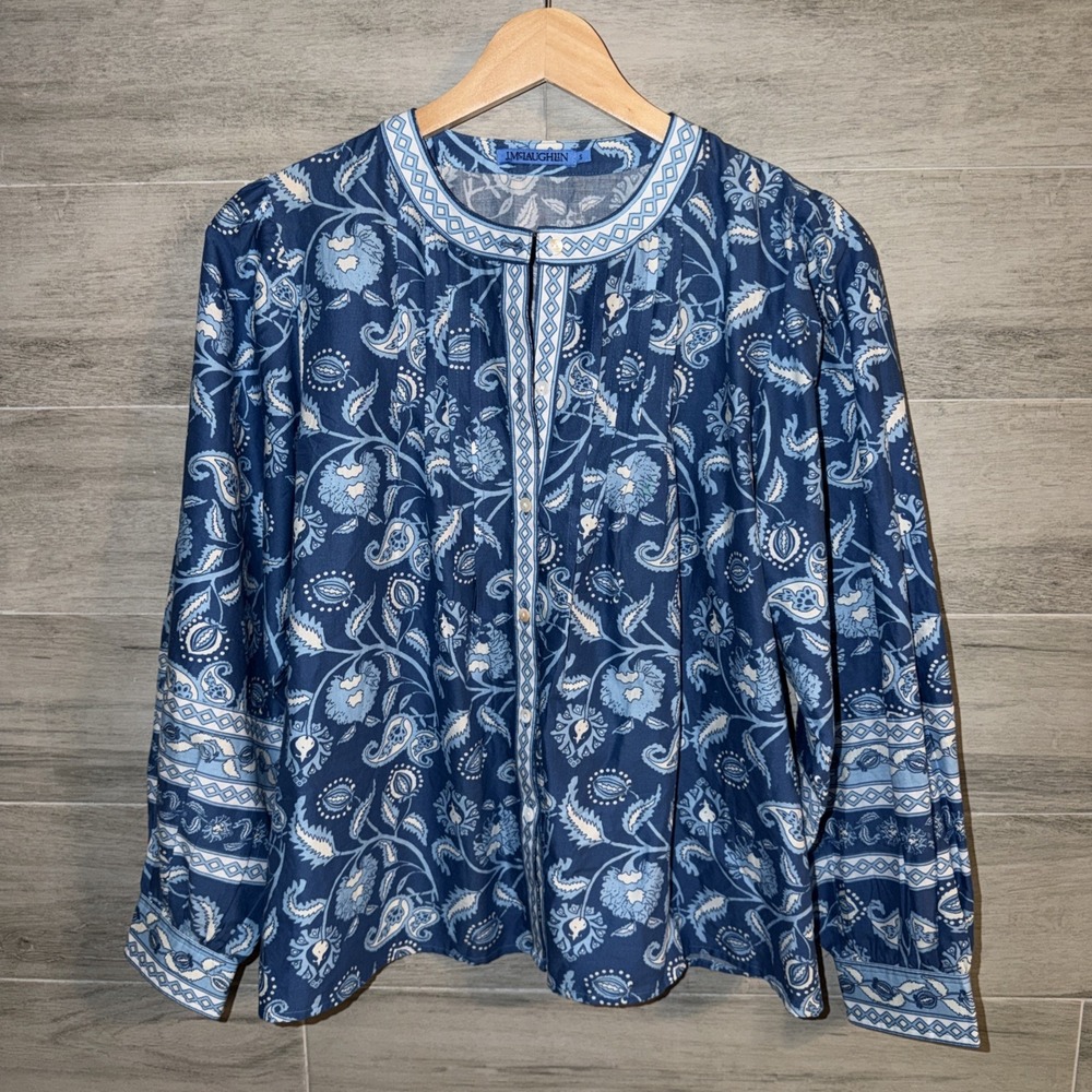J McLaughlin Giselle Shirt Size Small Blue White Paisley Balloon Sleeves Pleated